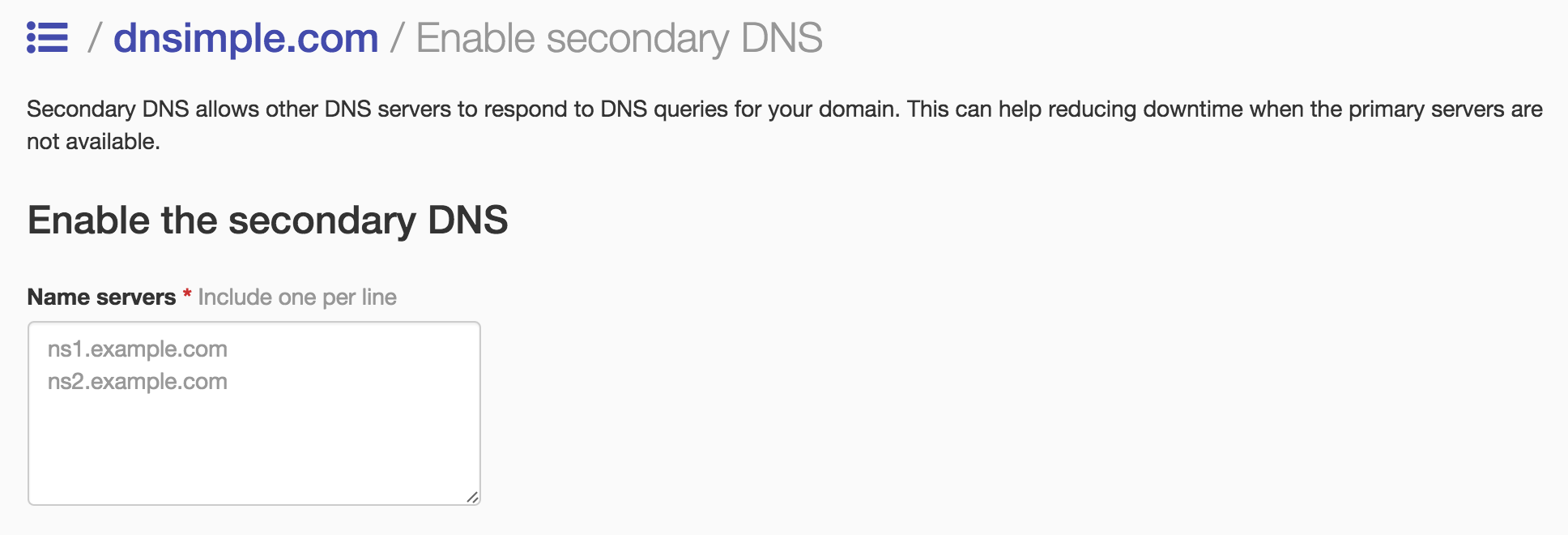 Secondary DNS UI link
