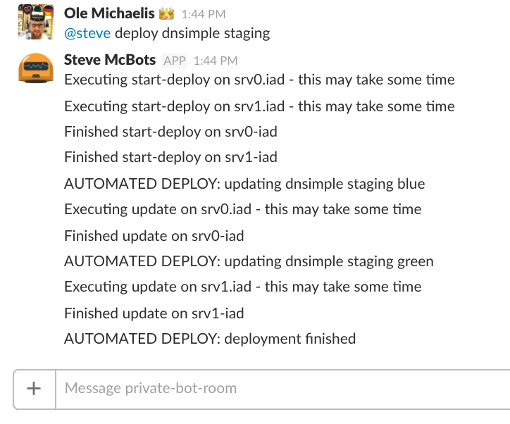 Screenshot showing the automated deploy in Slack