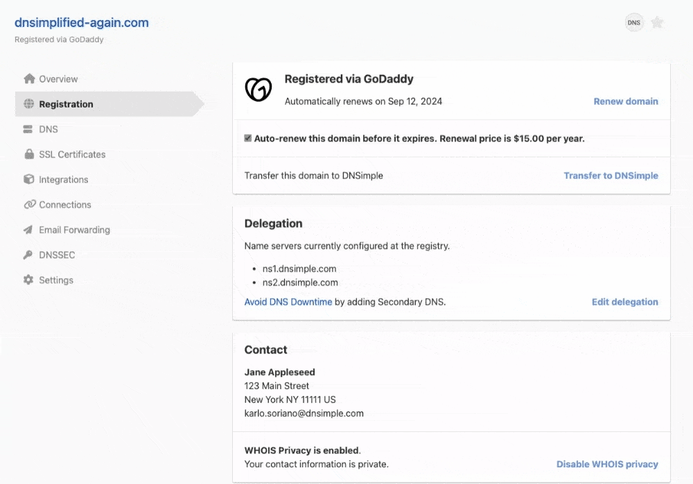 Animated example showing a GoDaddy domain