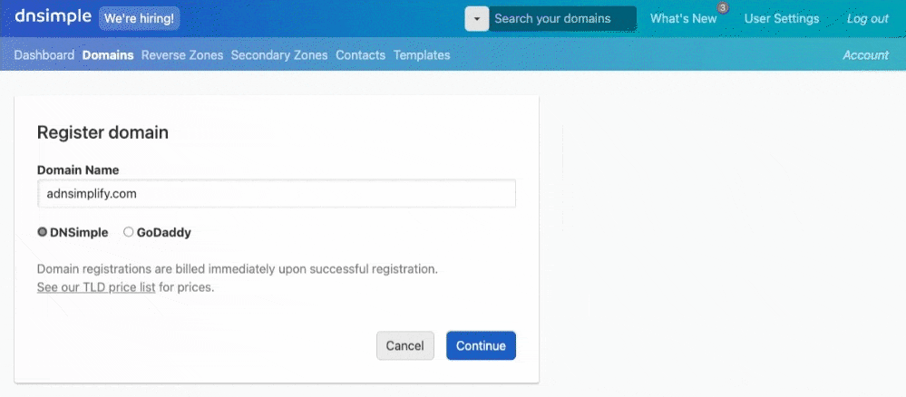 Animated example showing the GoDaddy option upon registering a domain