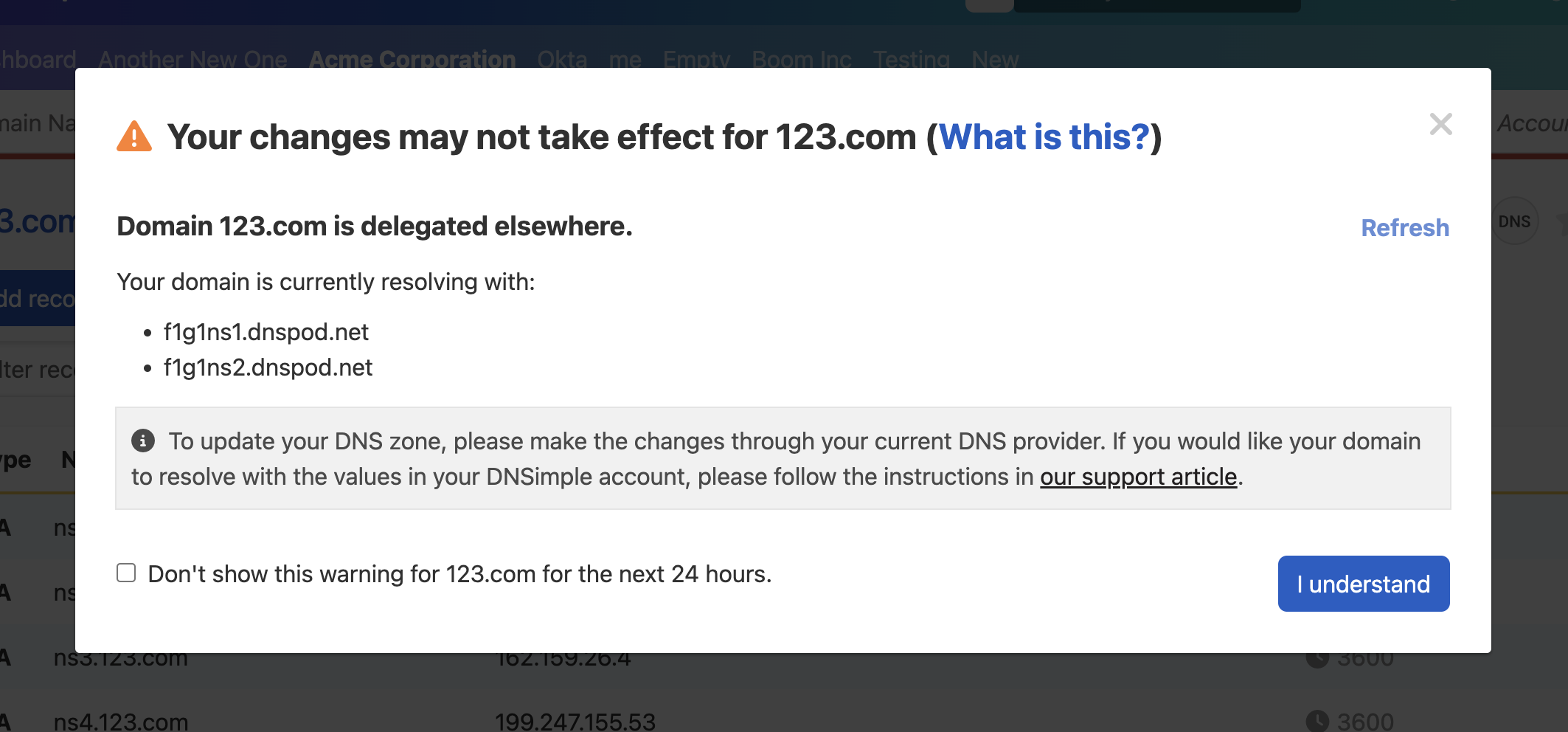 DNS resolution modal