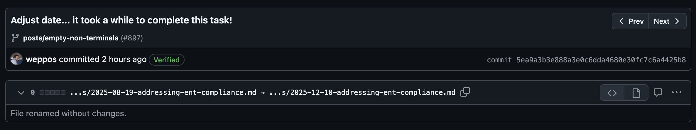 Git commit history showing the delayed publication date