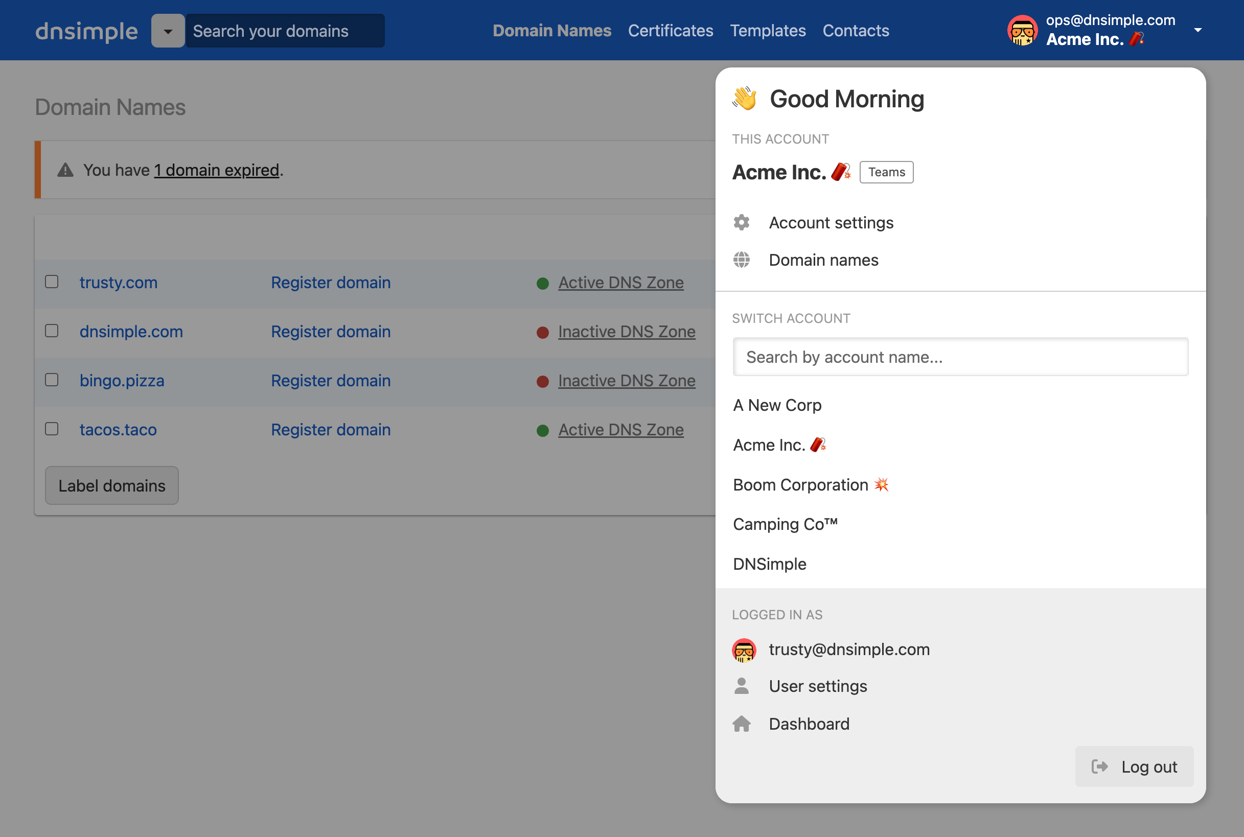Switching accounts at DNSimple