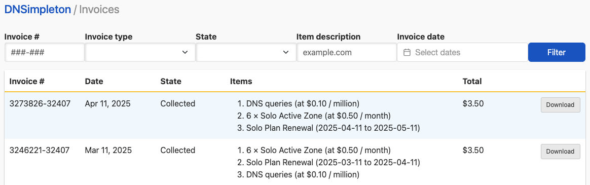 Filtering invoices at DNSimple