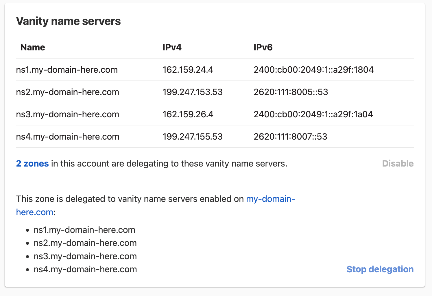 Vanity Name Servers Enabled UI