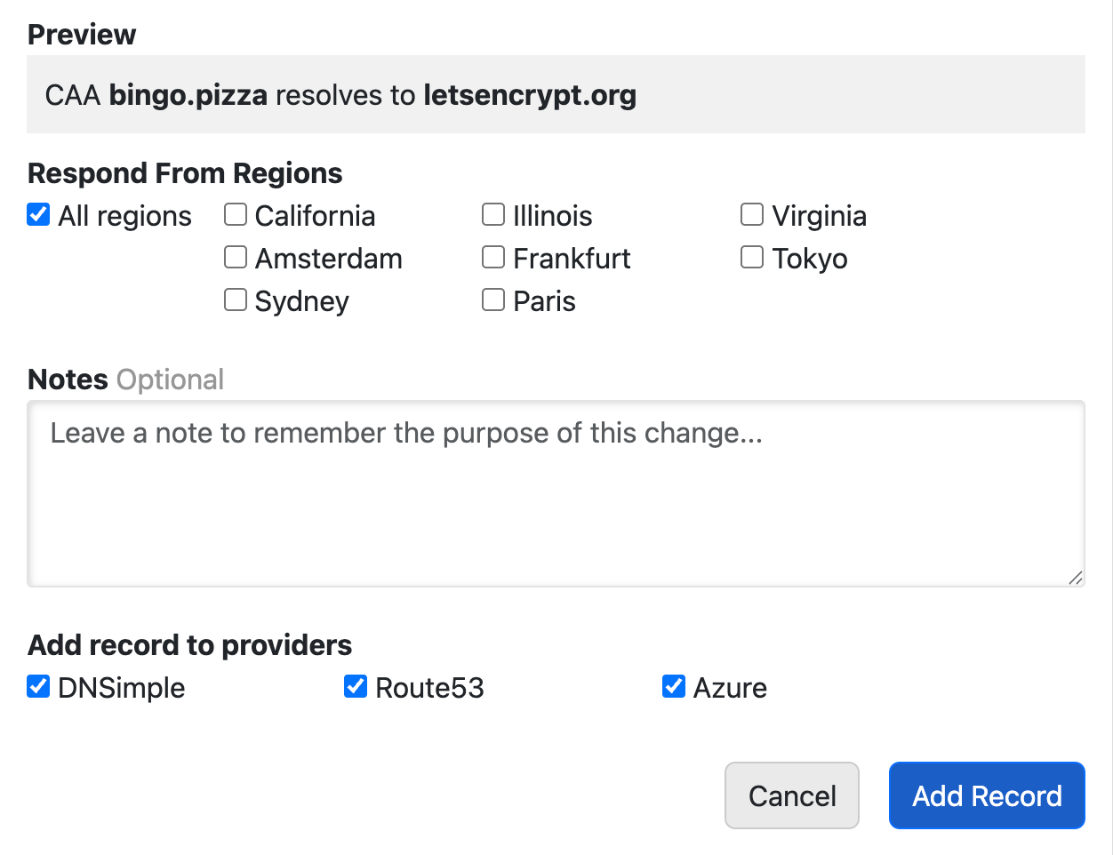 Adding a CAA record to multiple providers