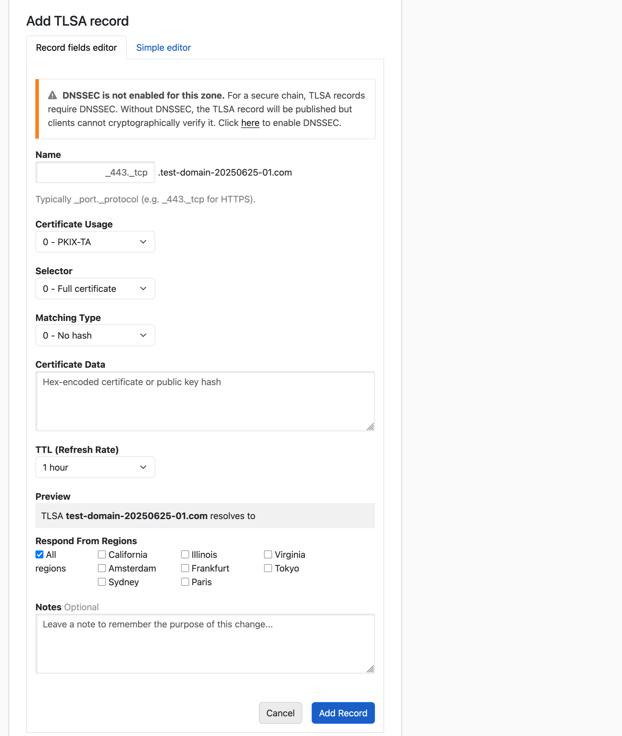 Screenshot of the TLSA Record fields editor